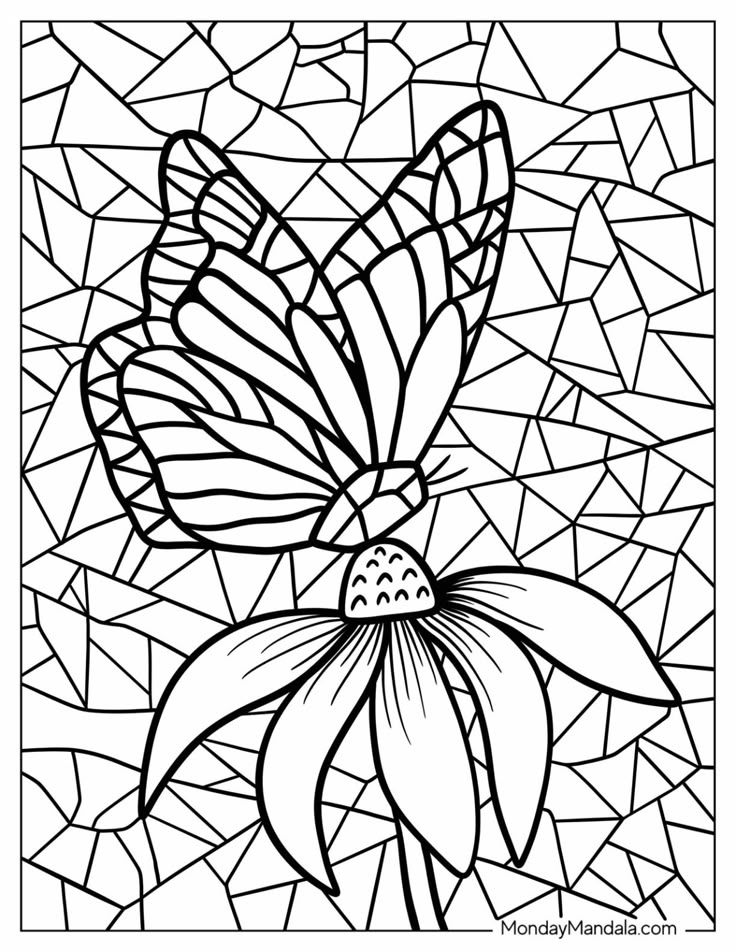 Butterfly hovering above a flower, black-and-white line art
