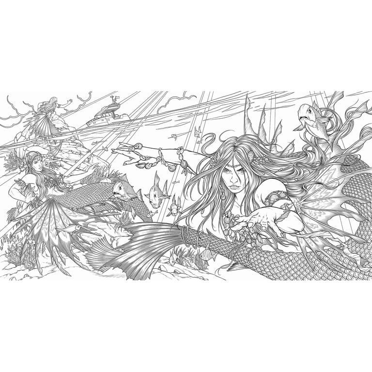 Detailed fantasy mermaids and fish underwater scene