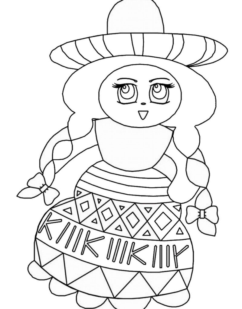 Black-and-white cartoon girl wearing sombrero and patterned dress