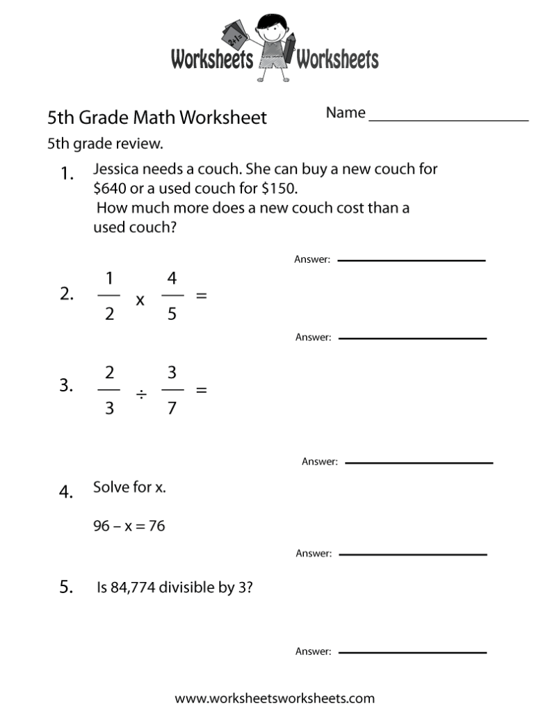 5th grade math worksheet with fraction problems and answers
