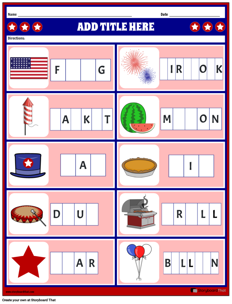 Fourth of July worksheet with patriotic picture-word puzzles