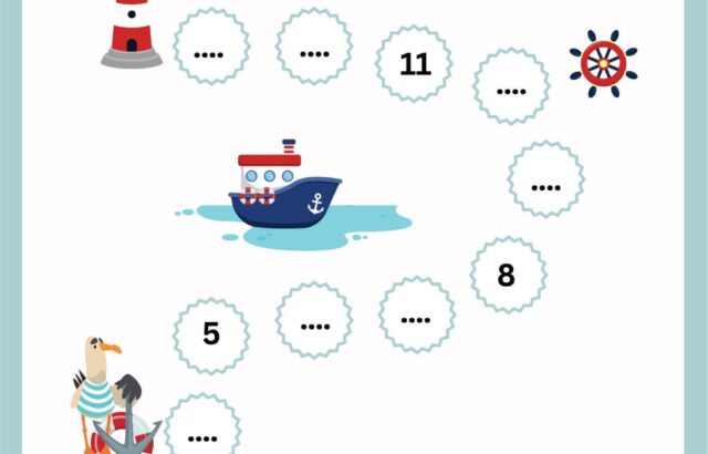 Nautical missing-number worksheet with lighthouse, boat, and sailors