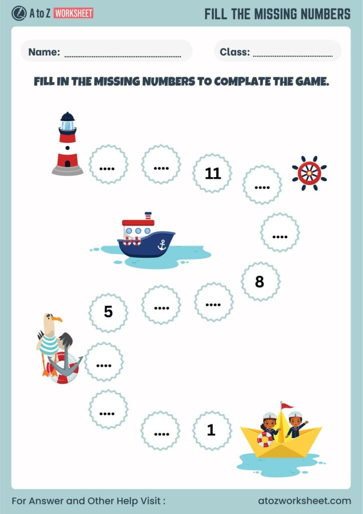 Nautical missing-number worksheet with lighthouse, boat, and sailors