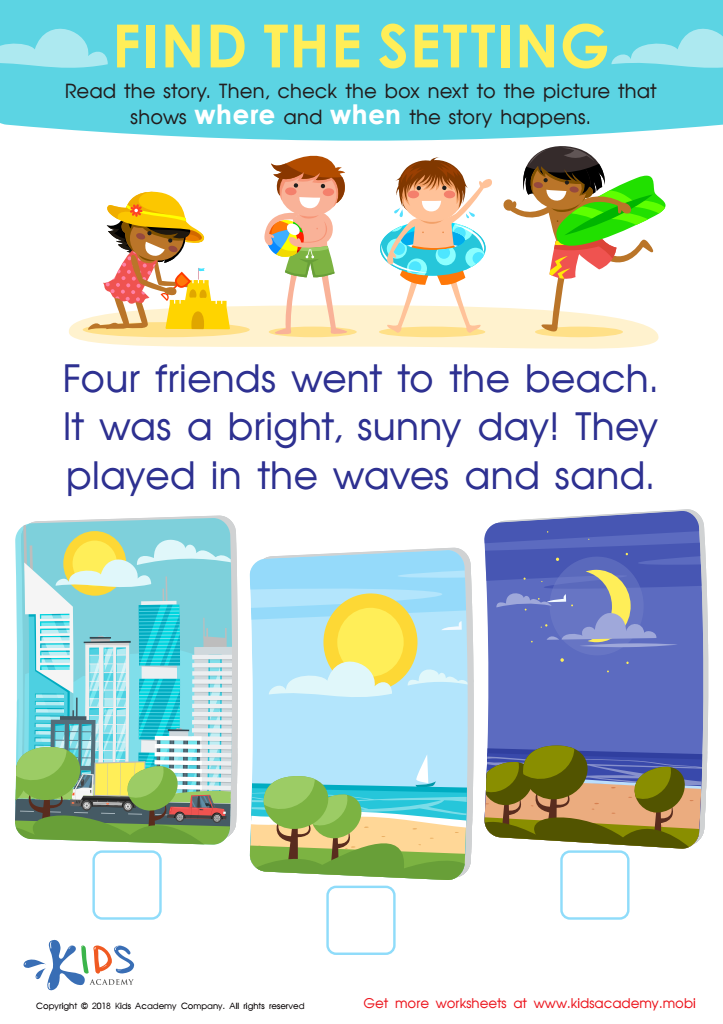 Beach-themed worksheet with four children and picture choices