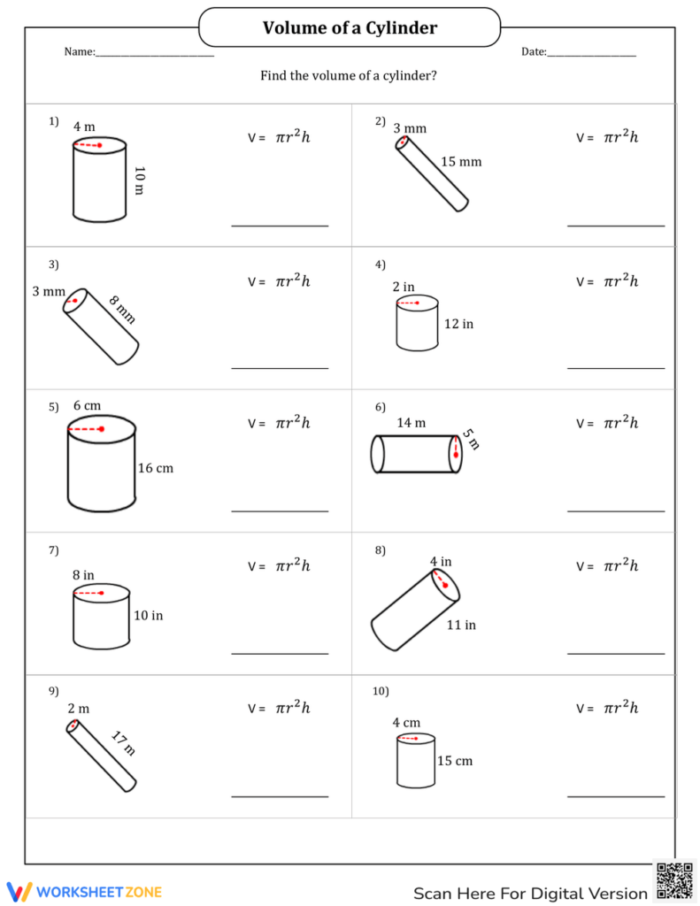 Volume of a cylinder worksheet with ten problems
