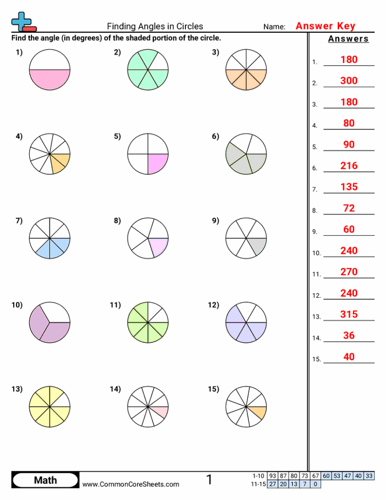 Angles in circles math worksheet answer key with colored diagrams