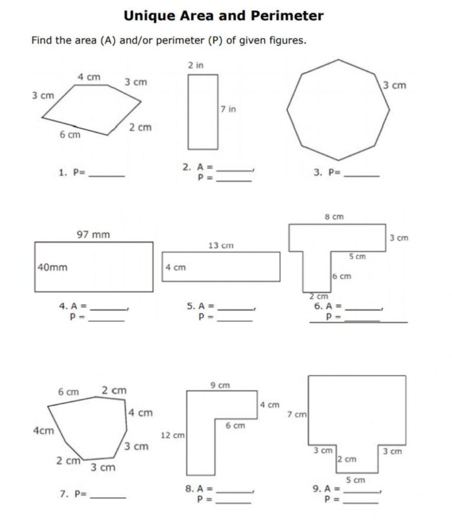Area and perimeter worksheet with labeled geometric shapes