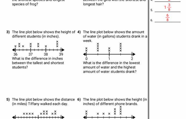 Math worksheet answer key with six line plots and questions
