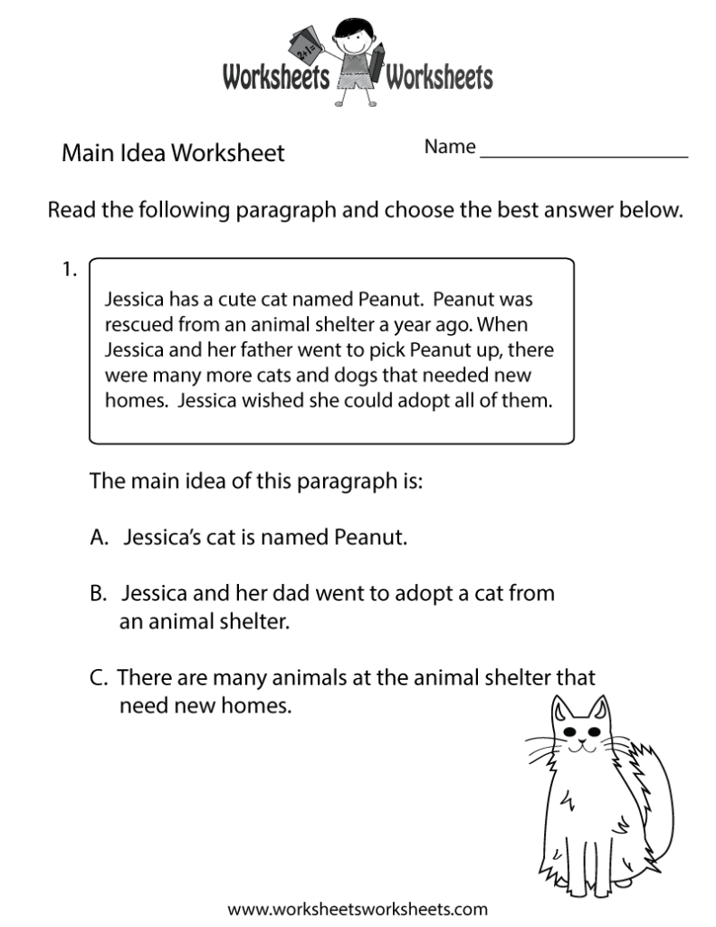 Main idea worksheet with cat illustration and text