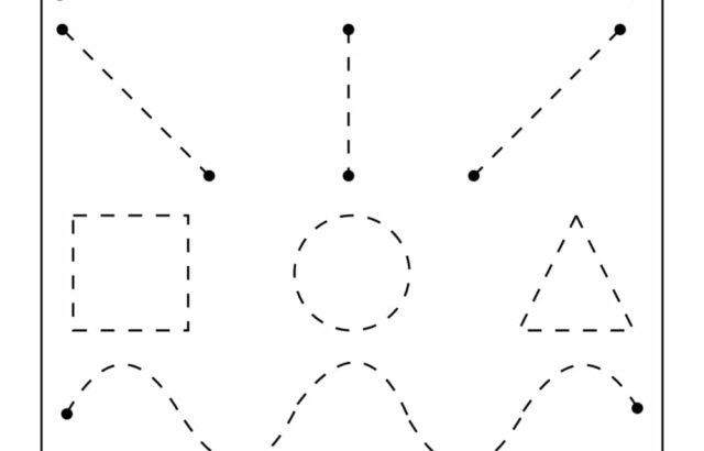 Fine motor skills practice worksheet with dashed shapes and lines