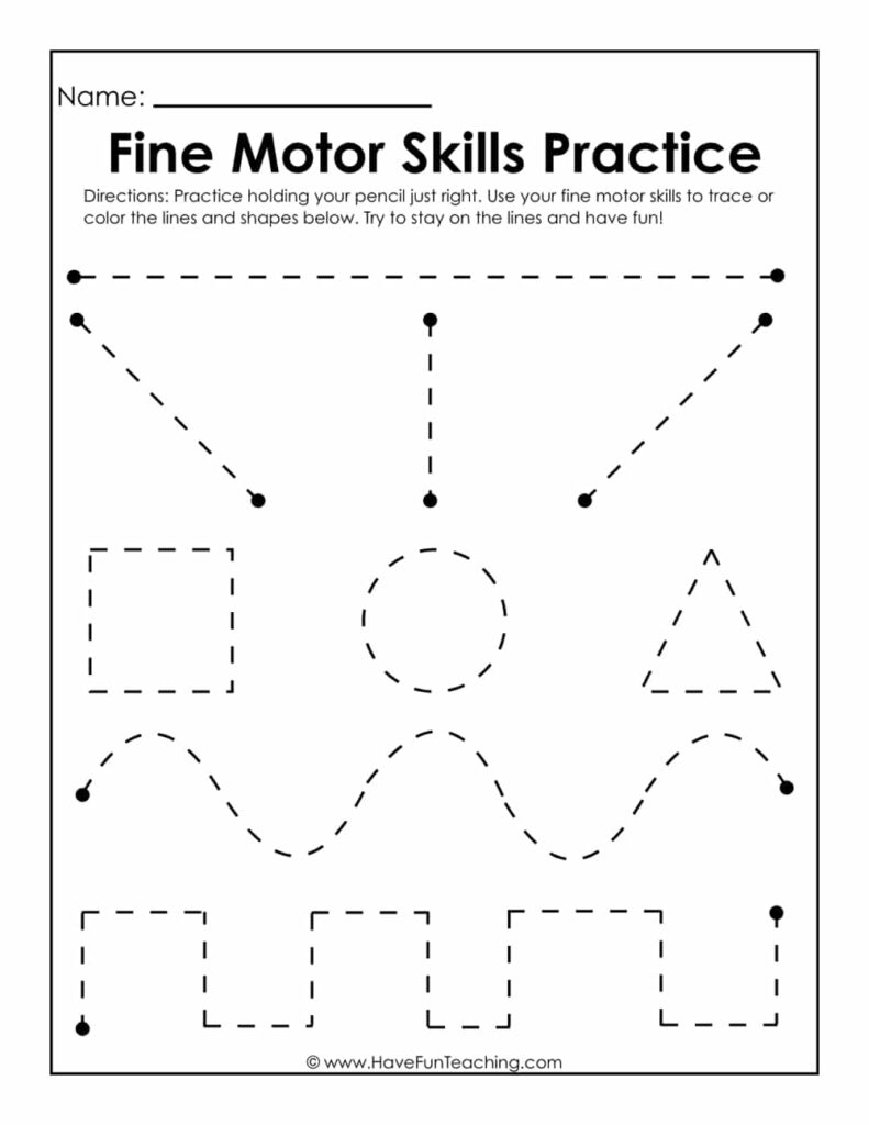 Fine Motor Skills Practice worksheet with dotted lines and shapes