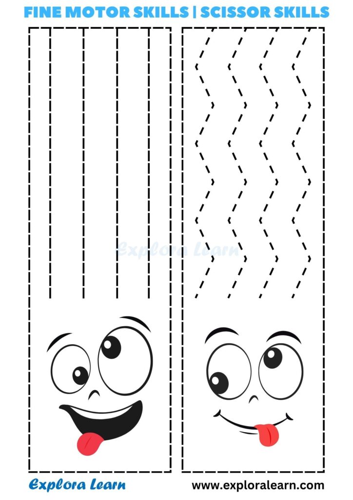 Scissor skills worksheet with dashed lines and cartoon faces