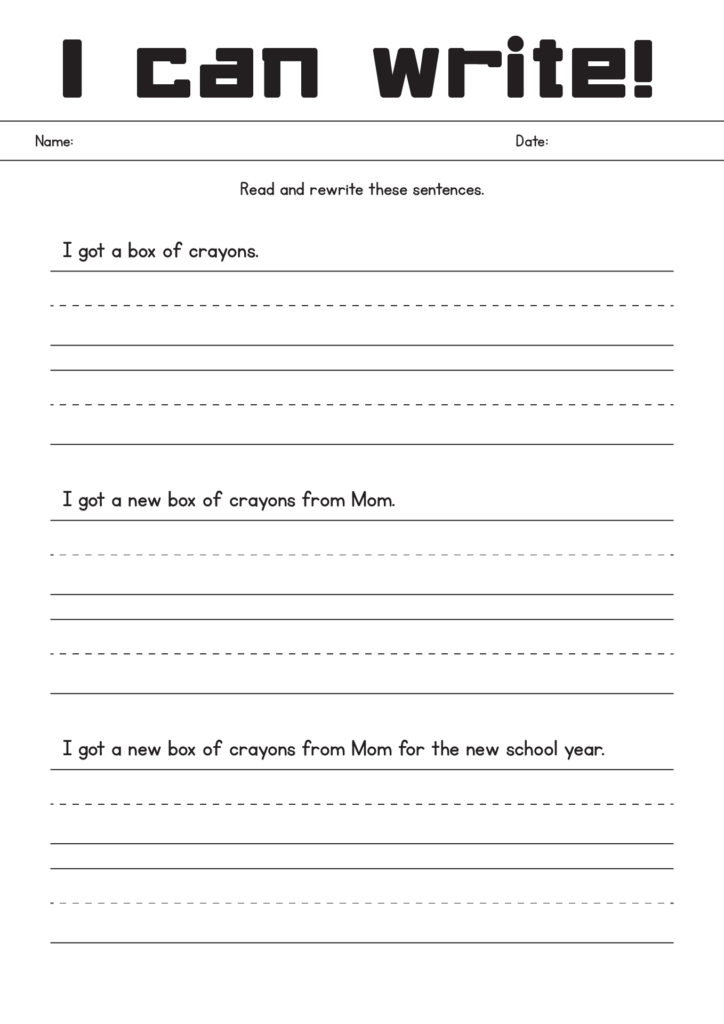 Printable handwriting worksheet with sample sentences and lines