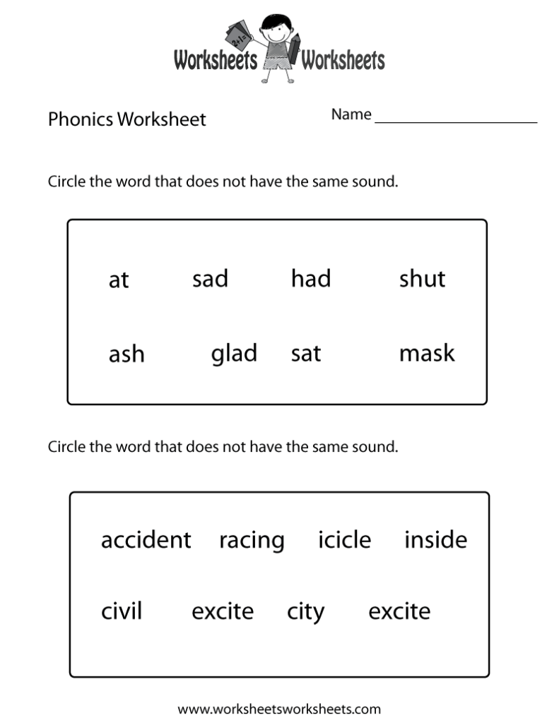 Phonics worksheet with word circles and blank name line