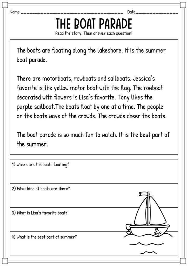 Black-and-white reading worksheet titled The Boat Parade