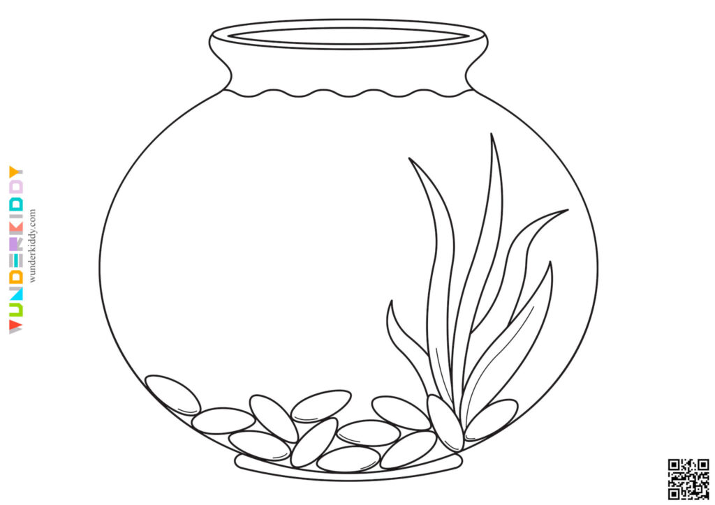 Black-and-white outline of a fish bowl with plants and pebbles