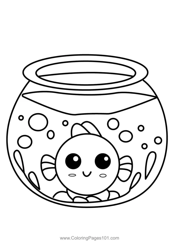 Cute fish in a round aquarium coloring page