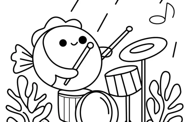 Cute fish playing drums underwater with music notes