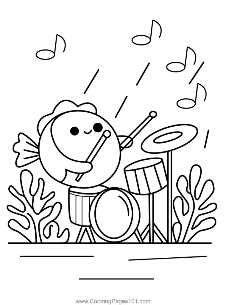 Cute fish playing drums underwater with music notes