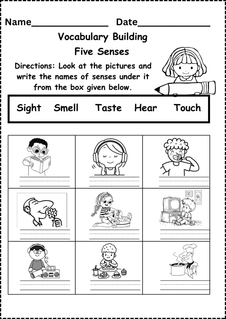Five senses vocabulary worksheet with nine pictures