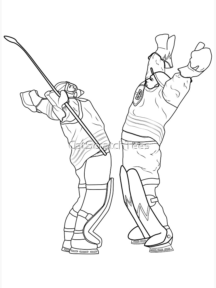 Two hockey players celebrating with raised sticks