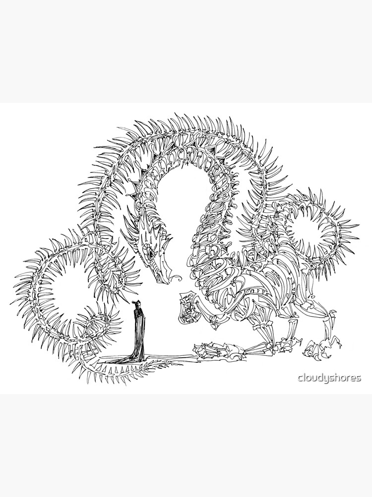 Black line drawing of a spiky dragon on white background