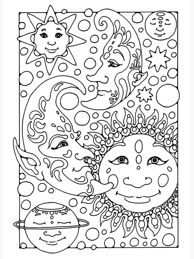 Black-and-white drawing of smiling celestial faces