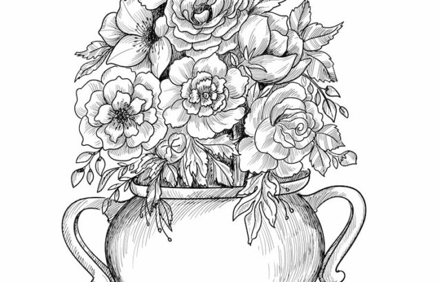 Black-and-white floral bouquet in a decorative vase