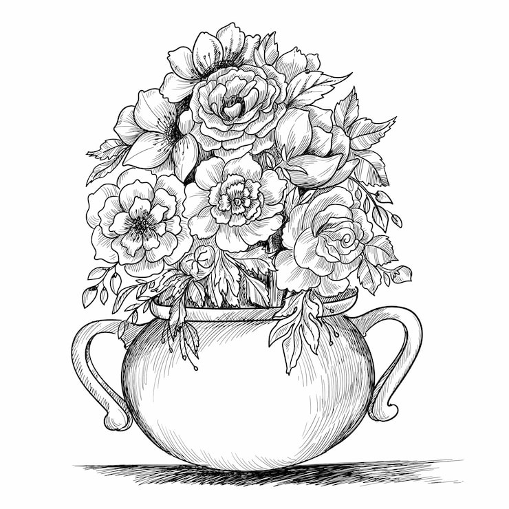 Black-and-white floral bouquet in a decorative vase
