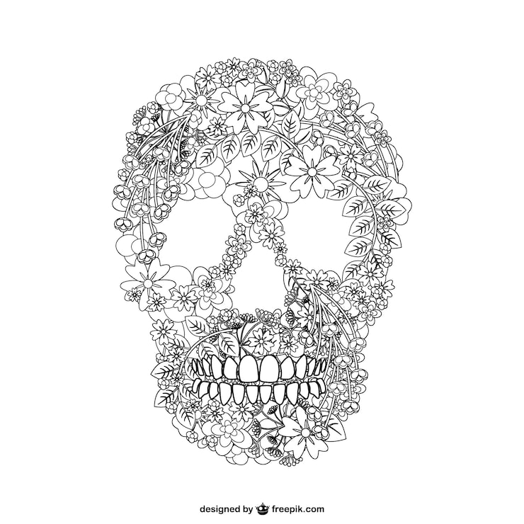 Skull outline formed by many flowers and leaves.