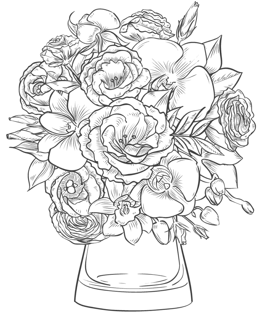 Black-and-white line drawing of flowers in a vase
