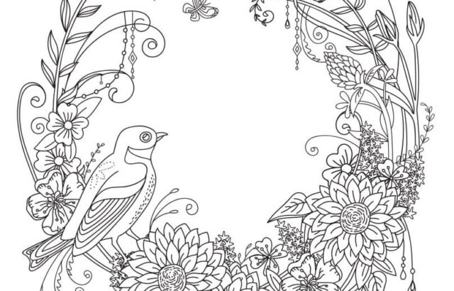 Floral wreath with bird and butterflies line art