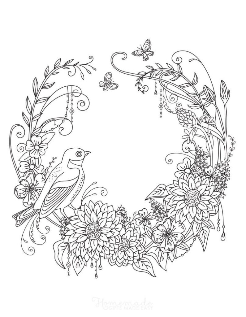 Floral wreath with bird and butterflies line art