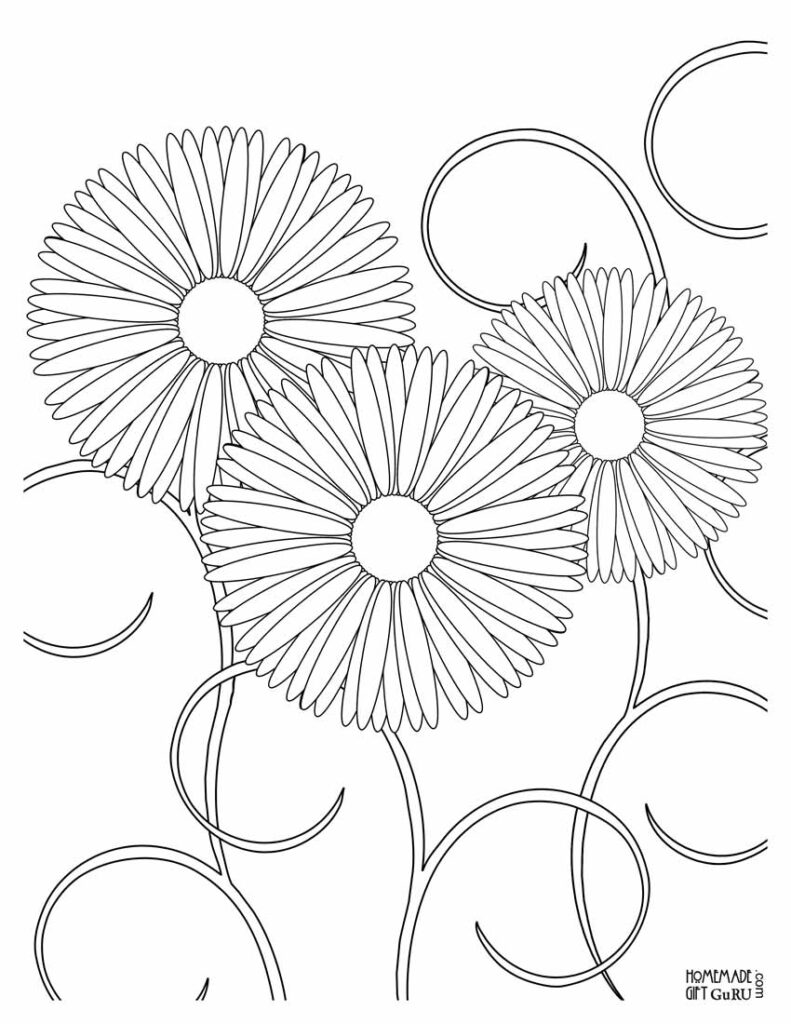 Three outlined flowers with curling stems on white background