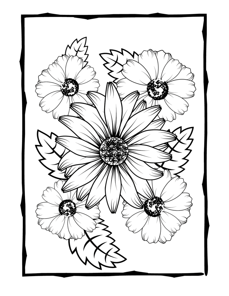 Black-and-white floral coloring page with five flowers and leaves
