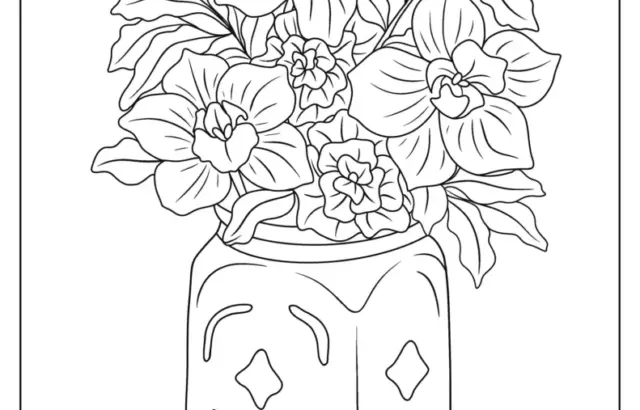 Black-and-white floral bouquet in a decorated jar vase