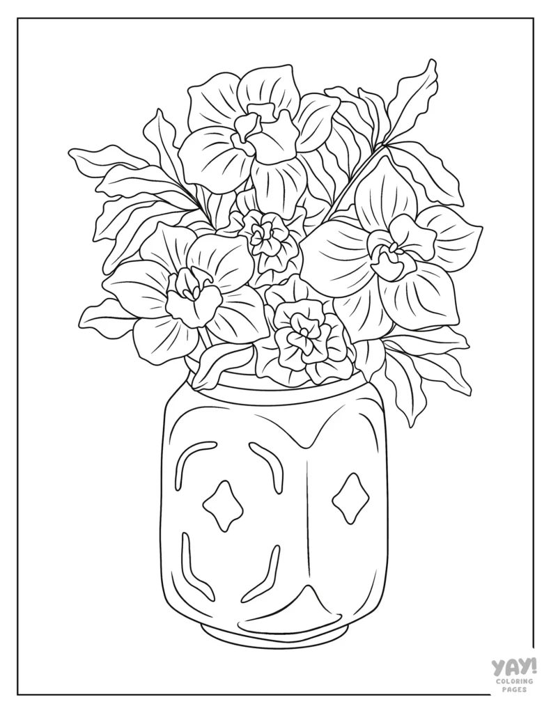 Line drawing of flowers in a decorated jar vase