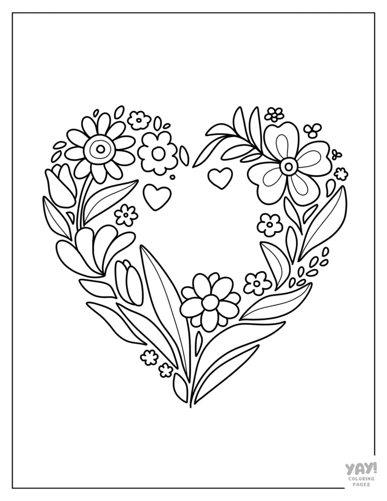 Floral heart outline with leaves and flowers