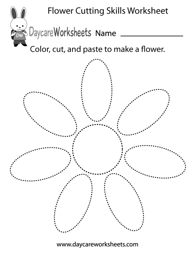 Flower cutting skills worksheet with dotted flower outlines