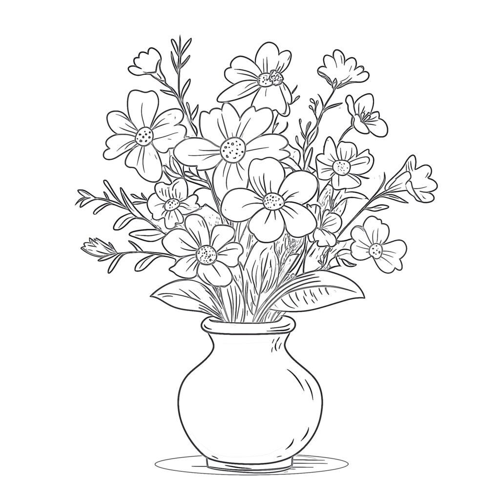 Black line drawing of flowers in a vase
