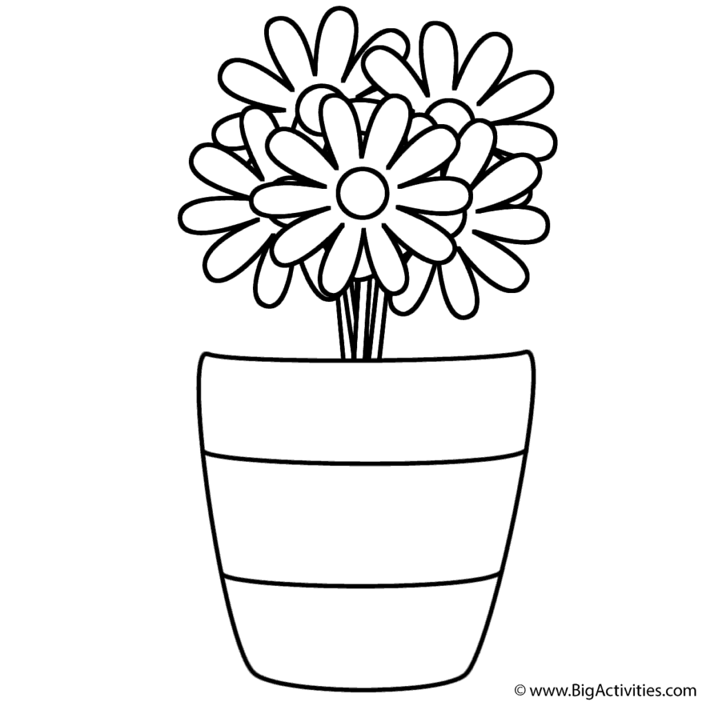 Black line drawing of flowers in a striped pot
