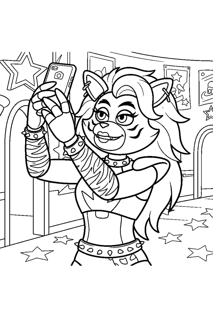 Cartoon cat girl posing in starry bedroom