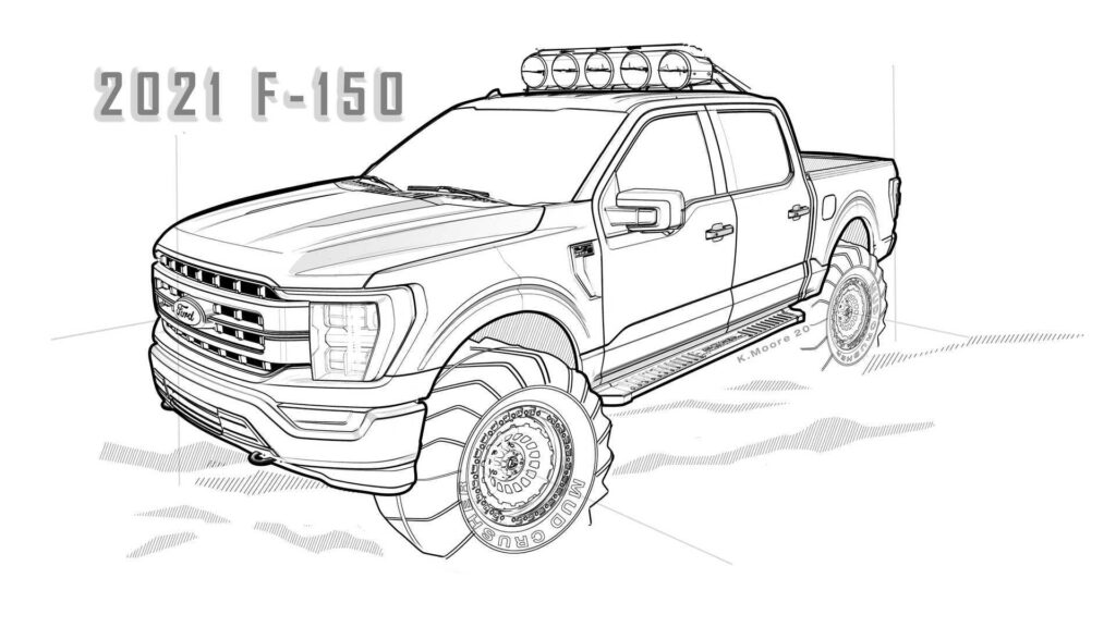 Line drawing of lifted pickup truck with roof lights