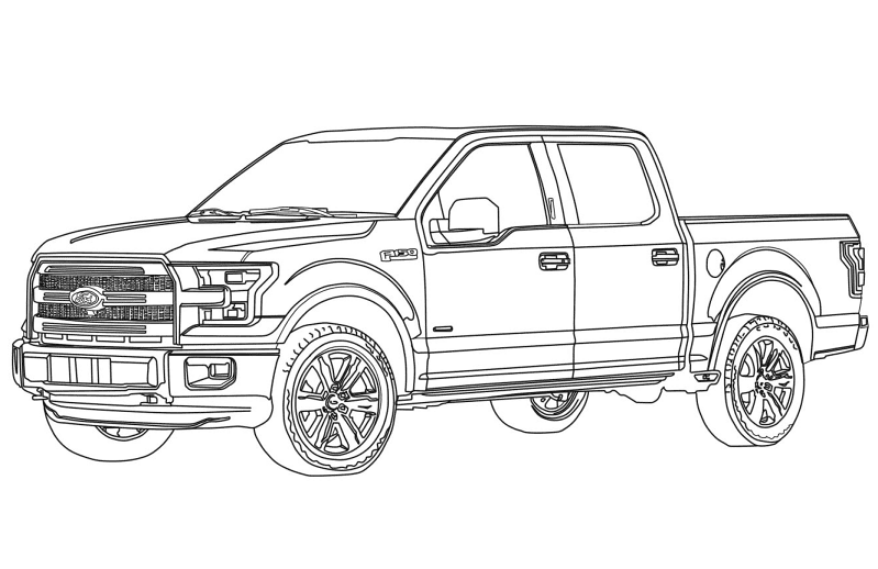 Black-and-white line drawing of a pickup truck