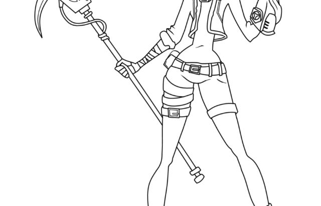 Line drawing of a woman holding a scythe and bottle