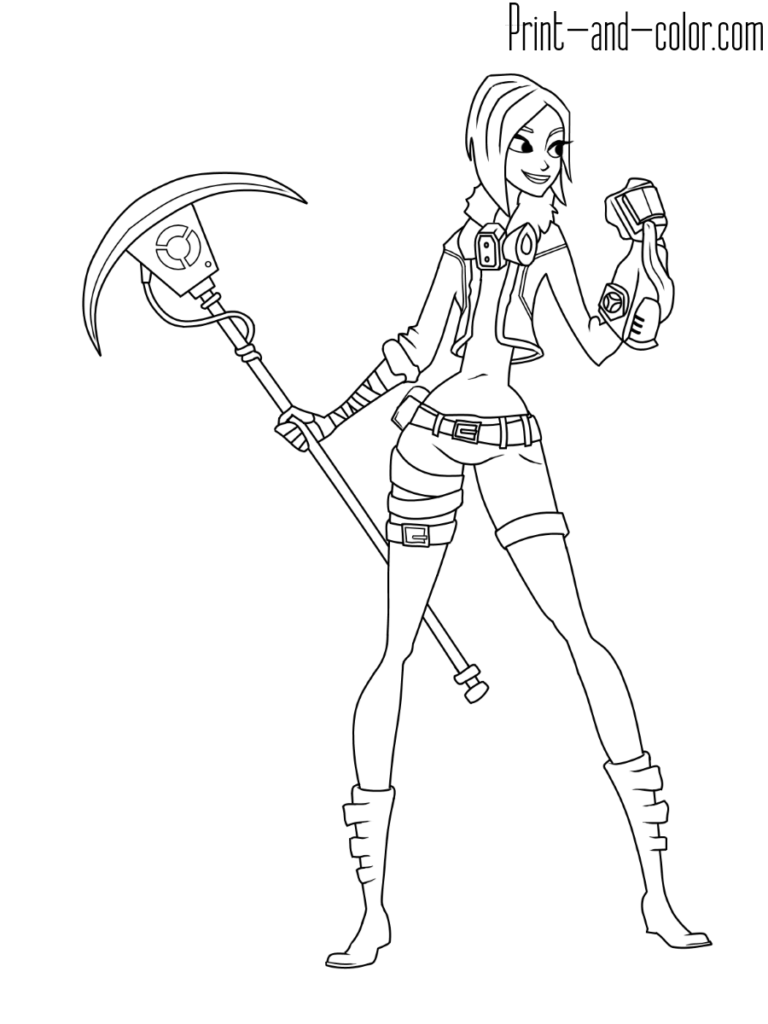 Line drawing of a woman holding a scythe and bottle