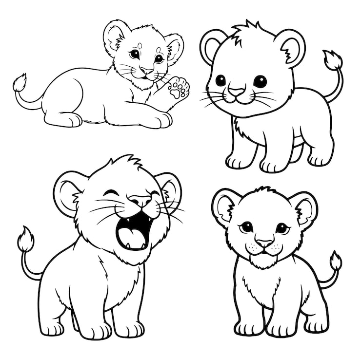 Four cartoon lion cub line drawings on white background