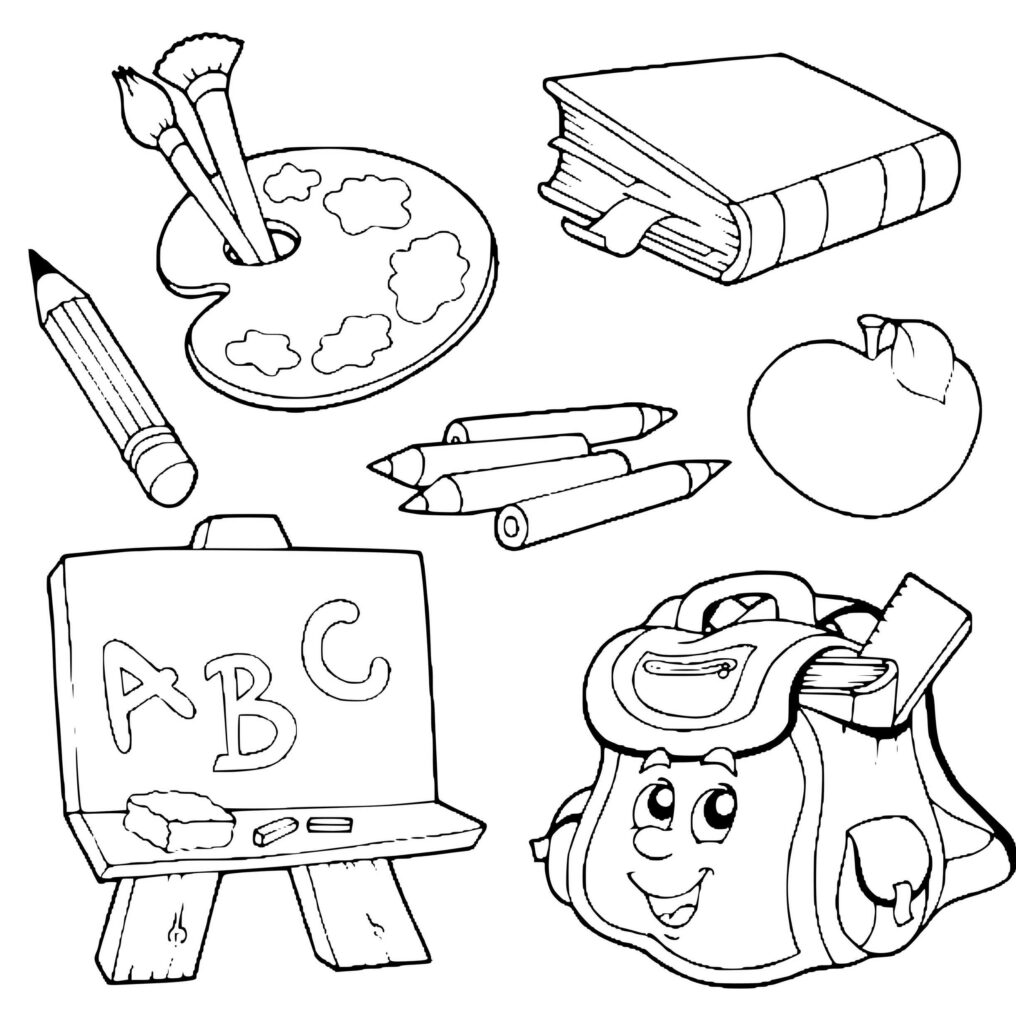 Black-and-white drawing of school supplies and art tools