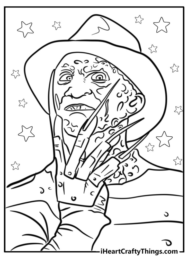 Black-and-white drawing of Freddy Krueger with stars background