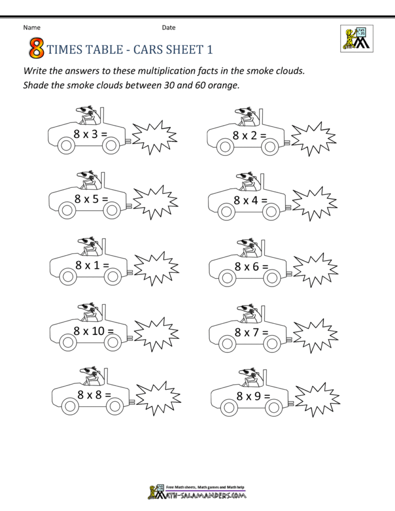 Eight times table worksheet with cars and starbursts
